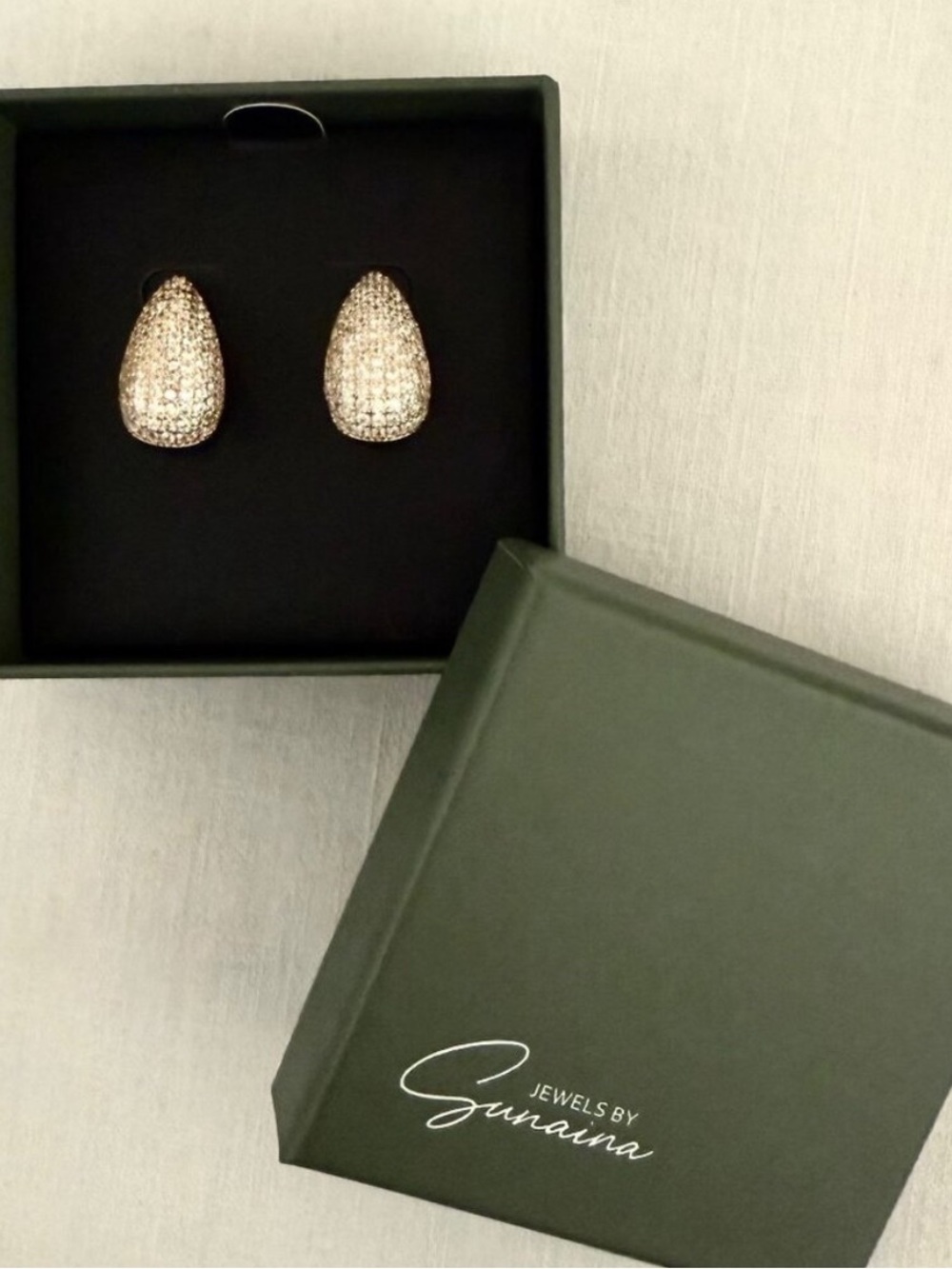 Jewels by Sunaina Narnia Stud Earrings Gold CZ Teardrop Statement NIB